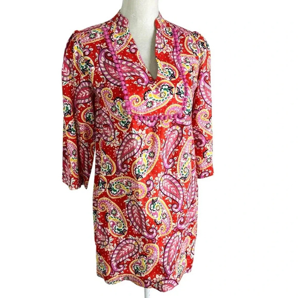 Boden Evangeline Linen Tunic Dress in Red Pop Mexican Paisley Size 4 petite - Picture 6 of 16